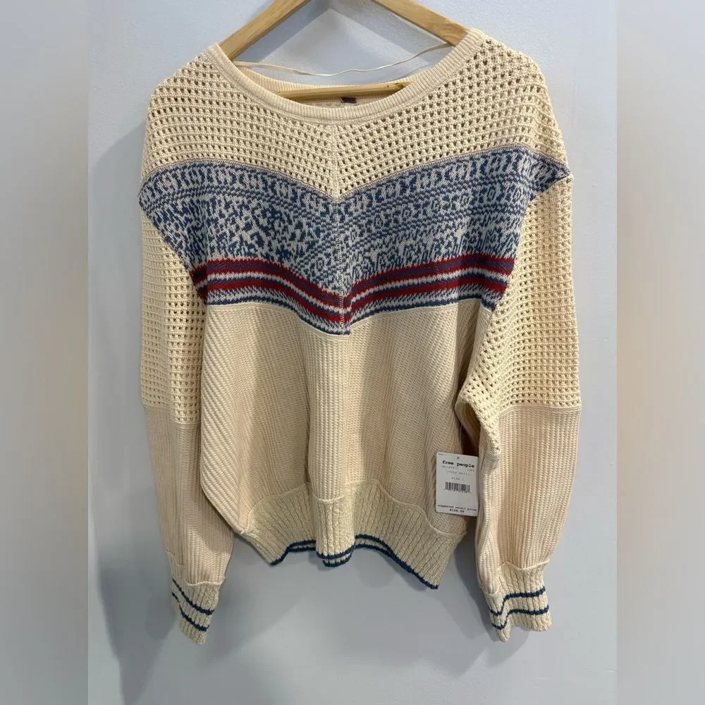 Free People Cream and Blue Knit Sweater